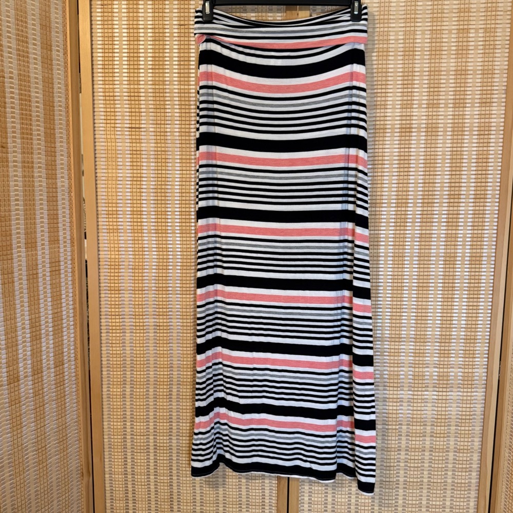 Max Studio Striped Maxi Skirt Pink Black White Fold Over Waist Medium Preppy